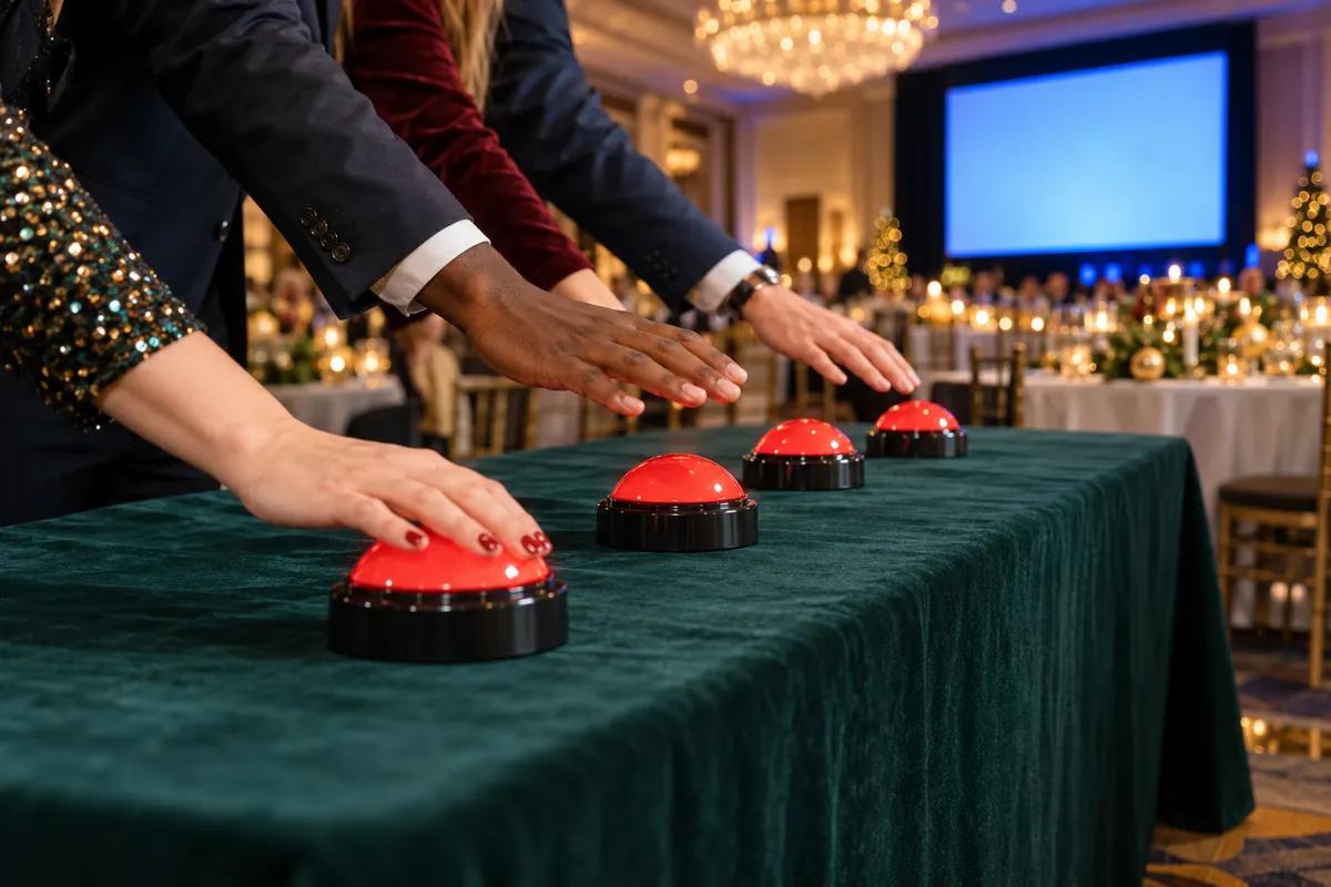 Hands press red game show buzzers on a long table during a corporate holiday party in a Toronto hotel ballroom