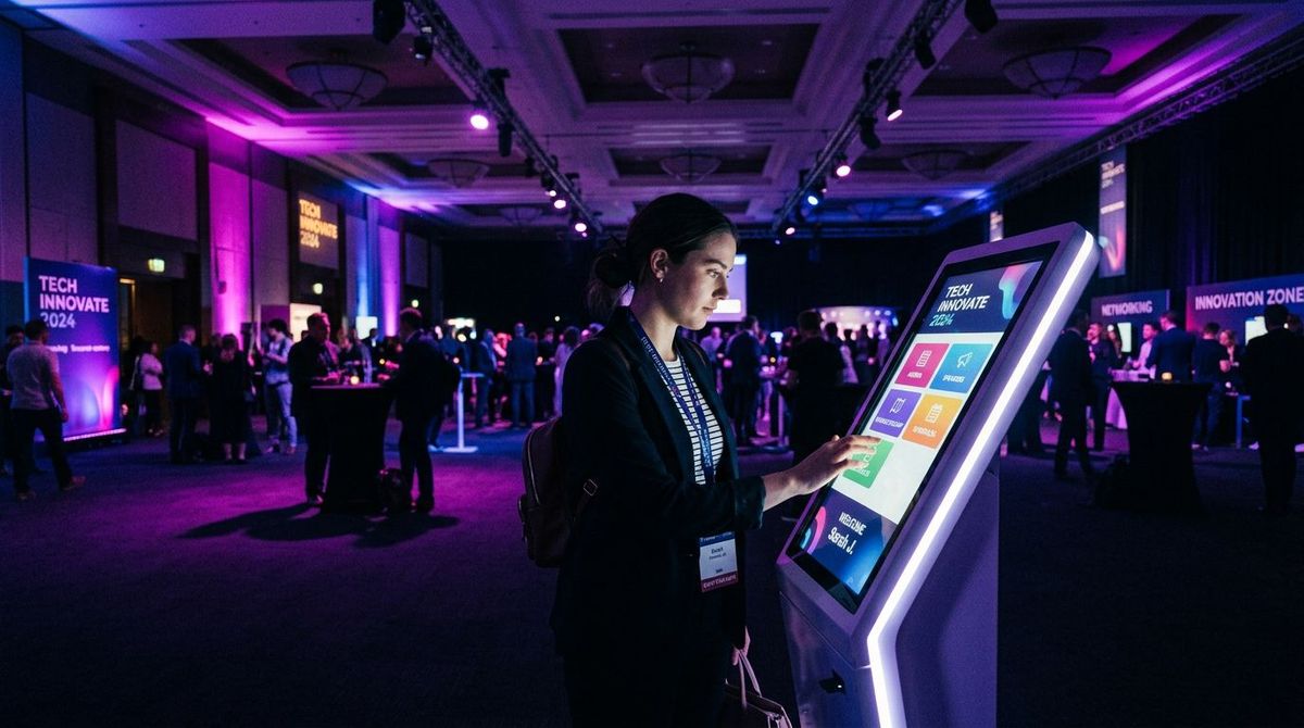 Attendee interacting with a personalized touchscreen kiosk at a corporate event with purple uplighting