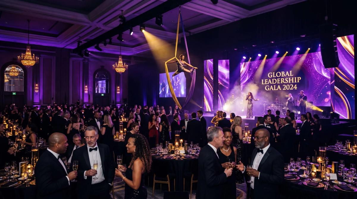 Corporate game show setup with LED scoring screens, team buzzers, and professional stage production