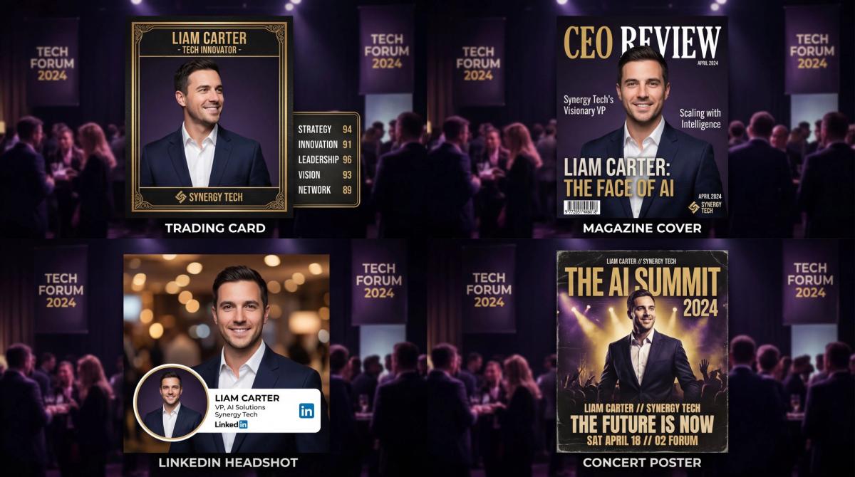 Four AI photo booth styles with branded overlays: trading card, magazine cover, headshot, and concert poster