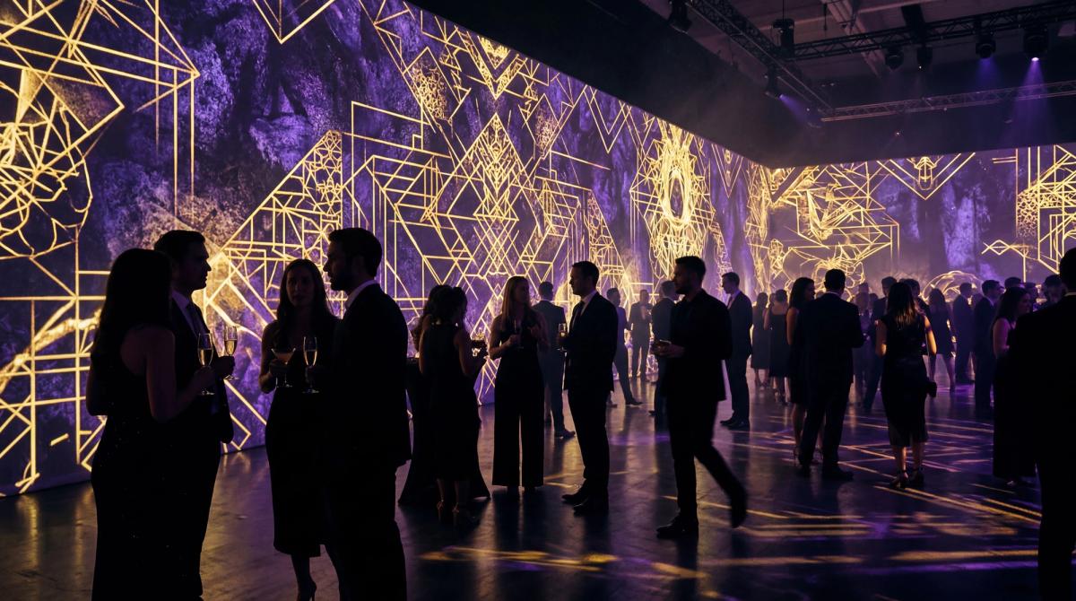 A dramatic close-up of an immersive event environment — projection-mapped walls in deep purples and blacks, attendees silhouetted against the light, gold geometric patterns creating depth