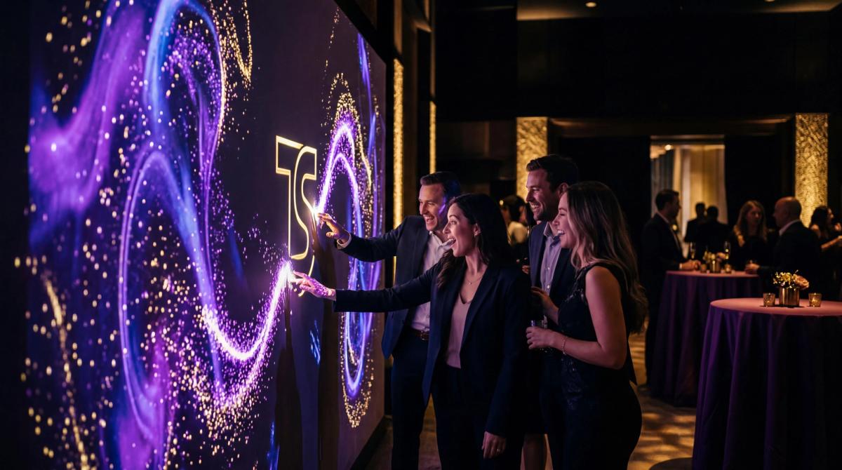Aerial view of a silent disco dance floor with color-coded LED headphones at a corporate event
