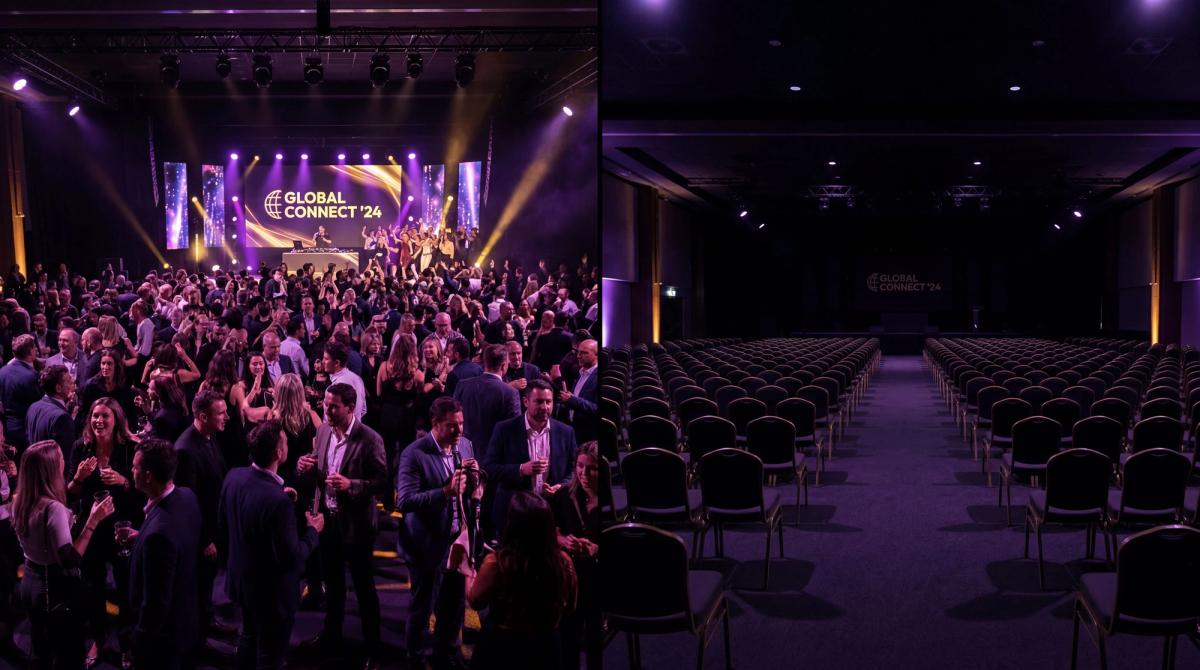 Split comparison of an energized corporate event crowd versus empty chairs in a dim room