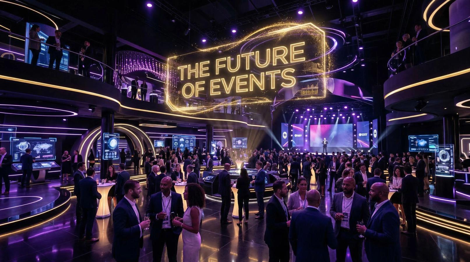 Futuristic corporate event venue showcasing holographic technology and AI-driven production elements