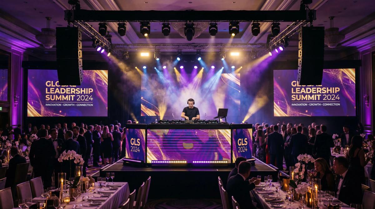 Professional DJ booth with branded LED screens seamlessly integrated into corporate event design