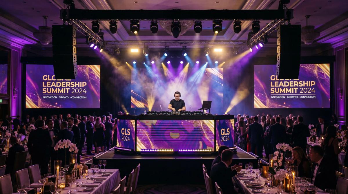 Professional DJ booth with branded LED screens seamlessly integrated into corporate event design