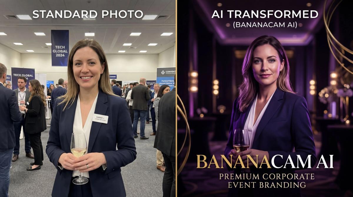 Before and after comparison of a standard event photo versus an AI-transformed BananaCam portrait