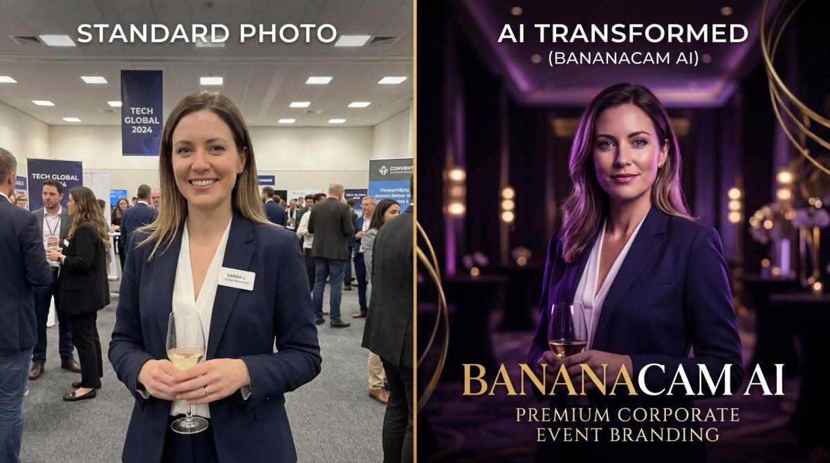 Before and after comparison of a standard event photo versus an AI-transformed BananaCam portrait