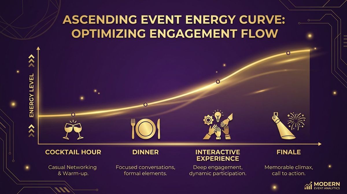 Energy curve diagram showing escalating engagement levels from cocktail hour through dinner to peak interactive experience finale
