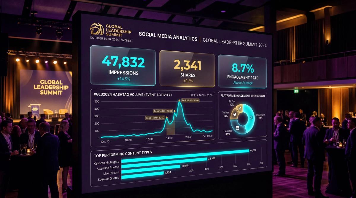 Social media analytics dashboard showing event impressions, shares, engagement rate, and hashtag volume
