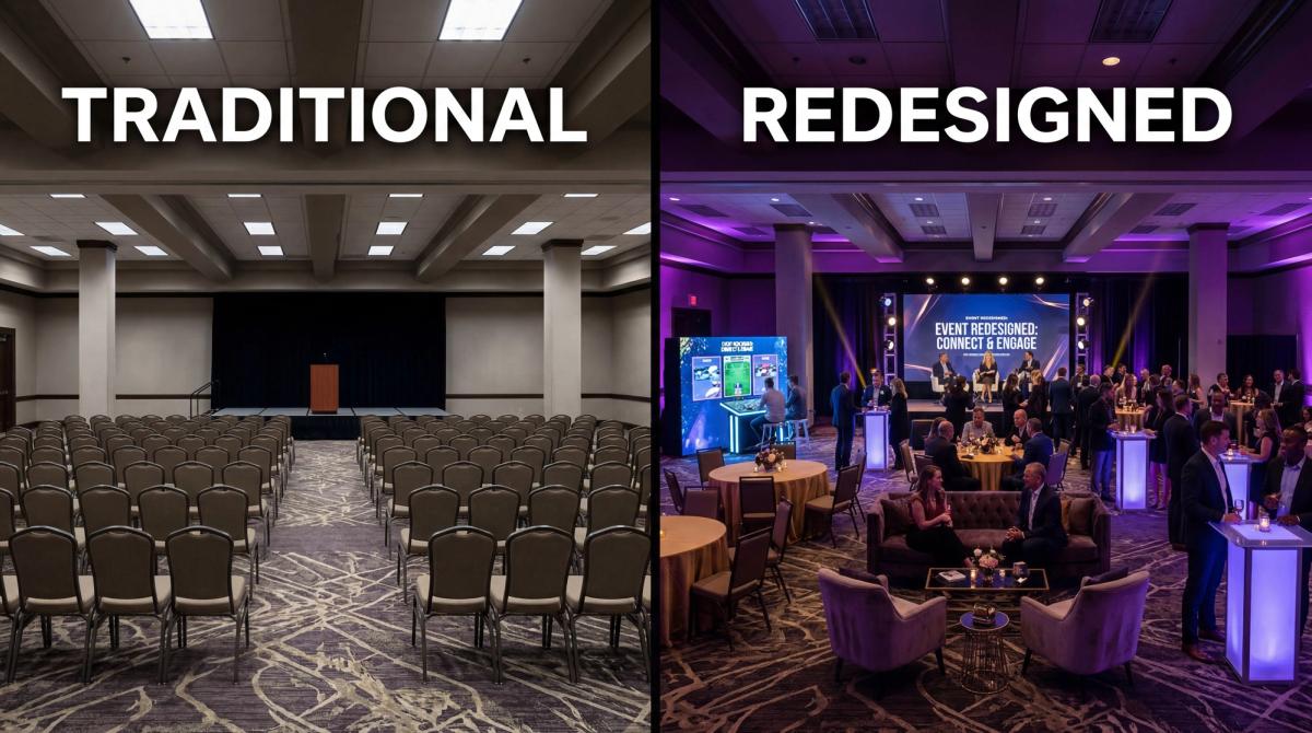 Traditional theatre-style event rows compared to a dynamic mixed setup with interactive stations and varied seating