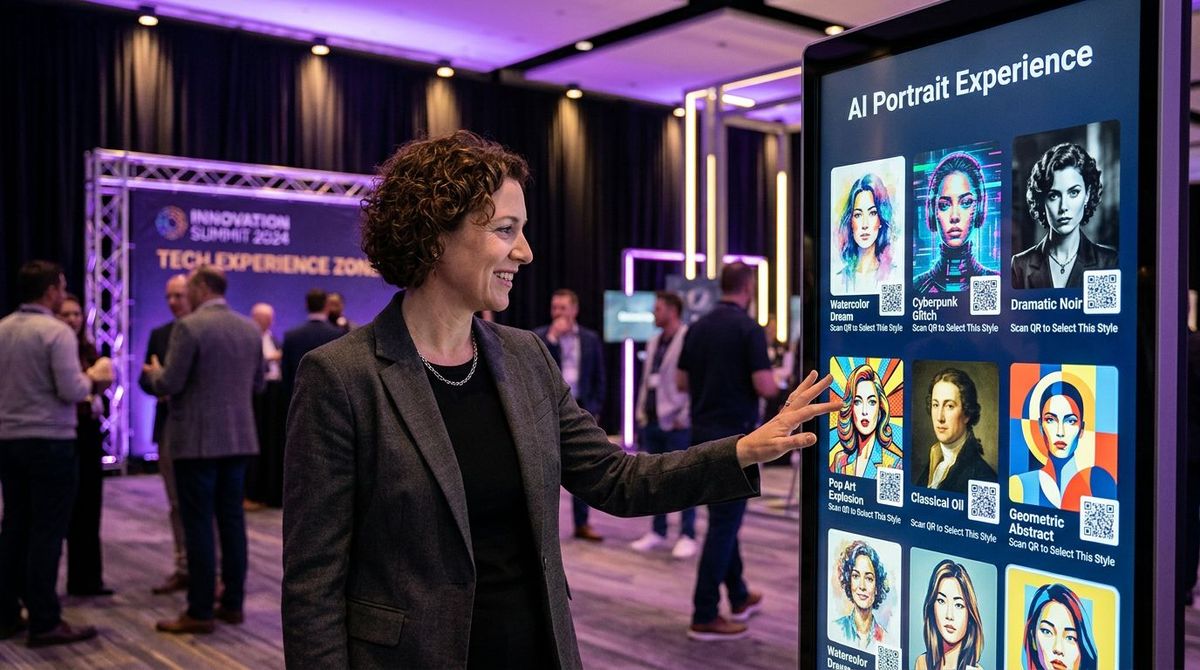 Guest interacting with an AI photobooth showing multiple AI-generated style variations on a large screen