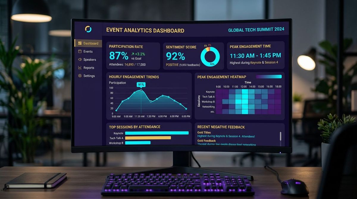 Event analytics dashboard displaying participation rates, peak engagement times, and sentiment analysis metrics