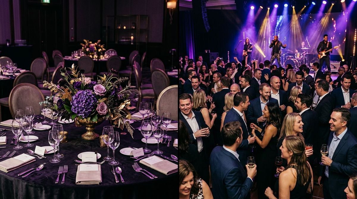 Elaborate empty floral centerpiece compared to an energized crowd engaged with interactive entertainment