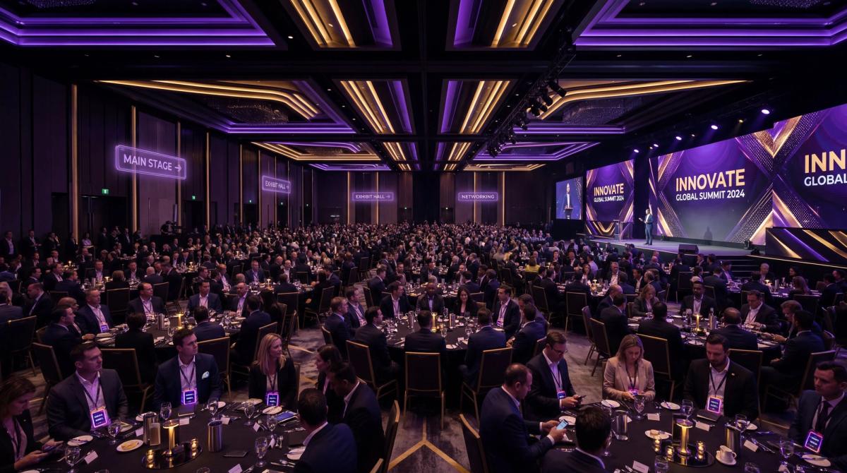 Packed corporate event venue featuring AI-powered holographic wayfinding, smart badges, and ambient lighting