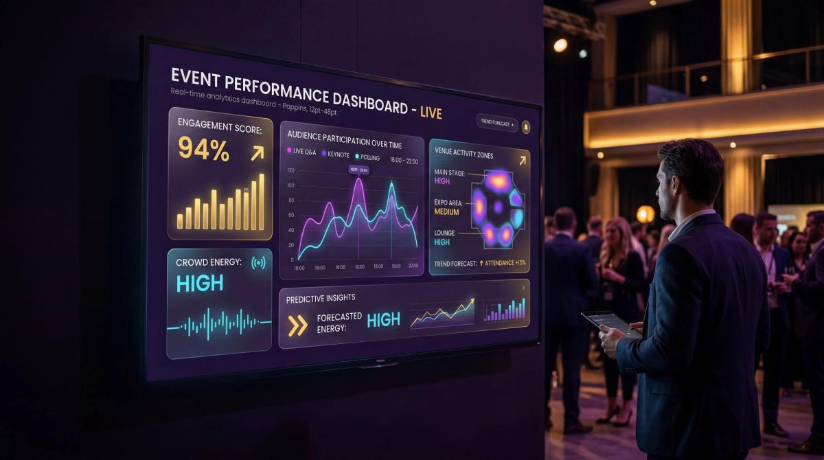 AI-automated stage lighting adjusting dynamically during a corporate keynote presentation