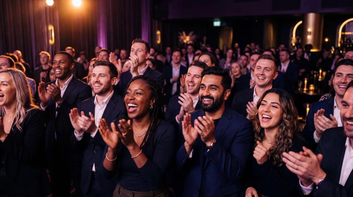 Close-up of a diverse corporate crowd reacting enthusiastically to a performance, natural candid feel, warm stage lighting washing over them