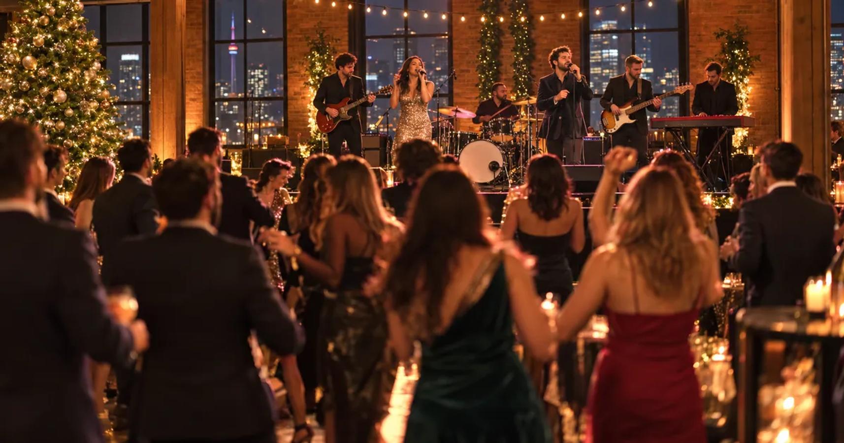 Guests dance in front of a live band on a low stage at a Toronto loft holiday party lit with warm string lights