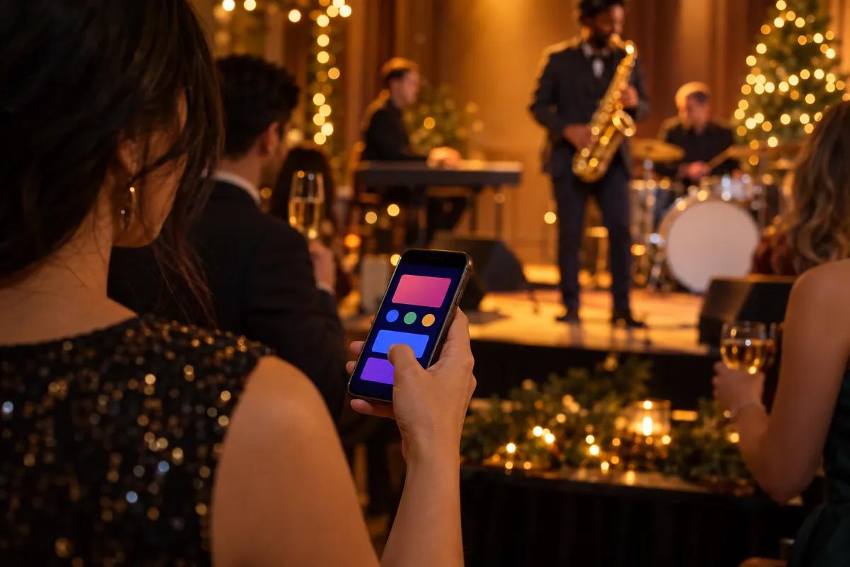 A guest holds a phone showing a song request screen while a live band plays in the background at a holiday party