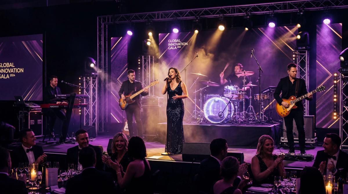 Live band performing at a corporate gala with vocalist, guitarist, and drummer on a professionally lit stage