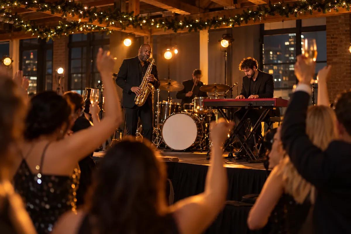 A live band performs under amber stage light at a holiday party, seen from the dance floor past raised hands