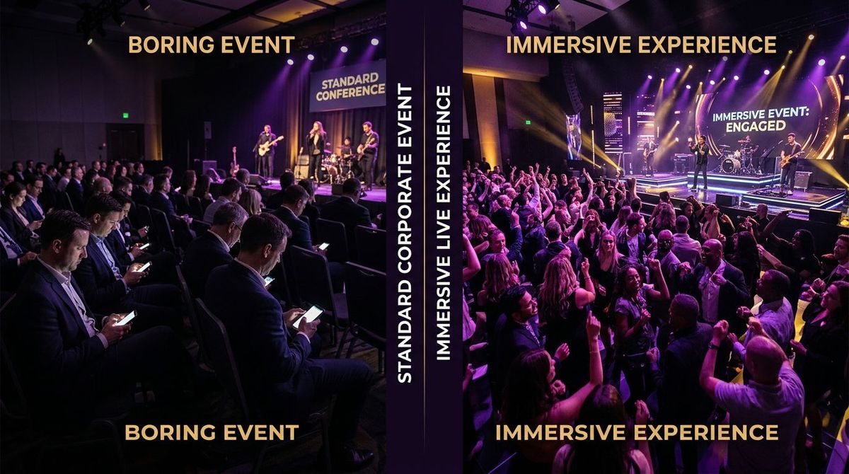 Side-by-side comparison of a standard corporate event with disengaged audience versus an immersive interactive experience with full participation