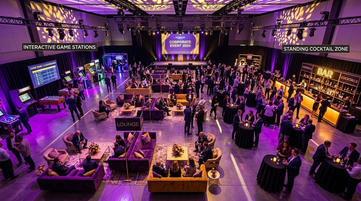 Overhead view of a corporate event space with distinct personalized zones and varied lighting