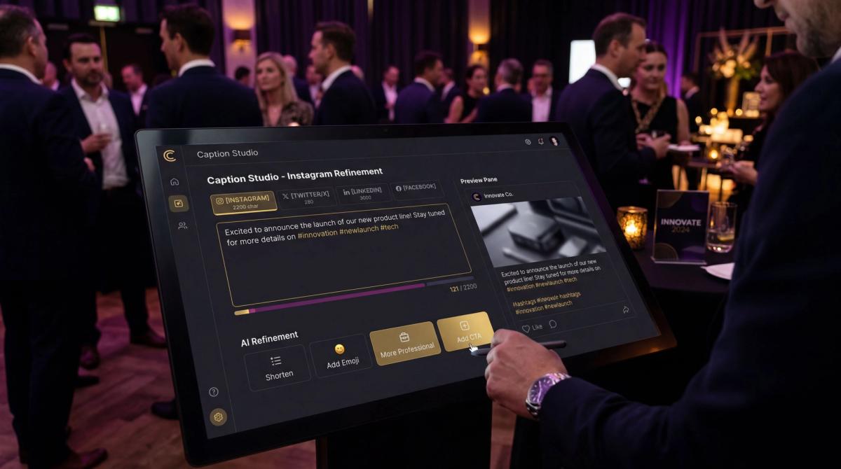 Content Sidekick Caption Studio interface with per-platform character counts and AI refinement tools