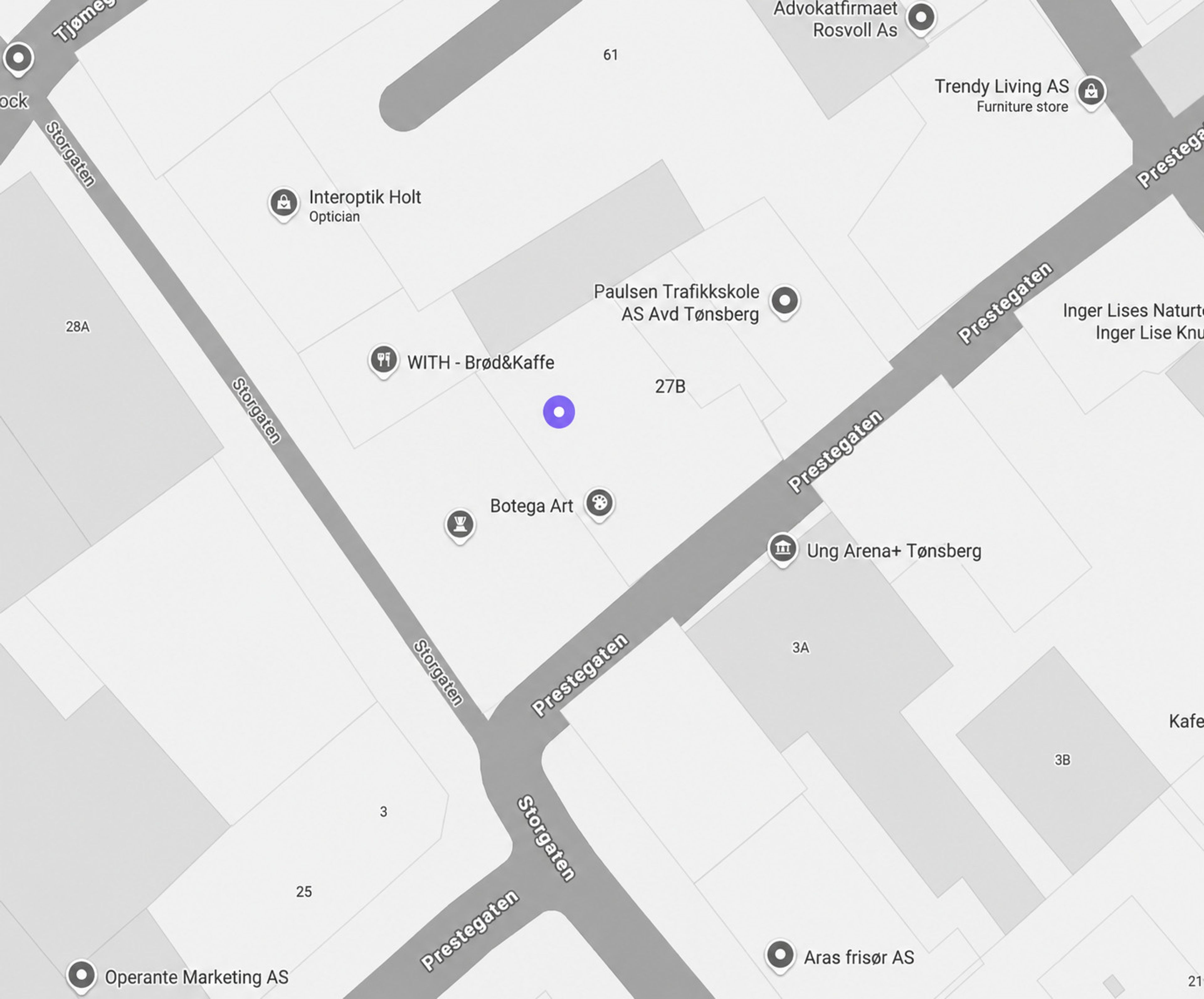 Kart som viser Tønsberg Tannlegevakt i Storgaten/Prestegaten i Tønsberg sentrum