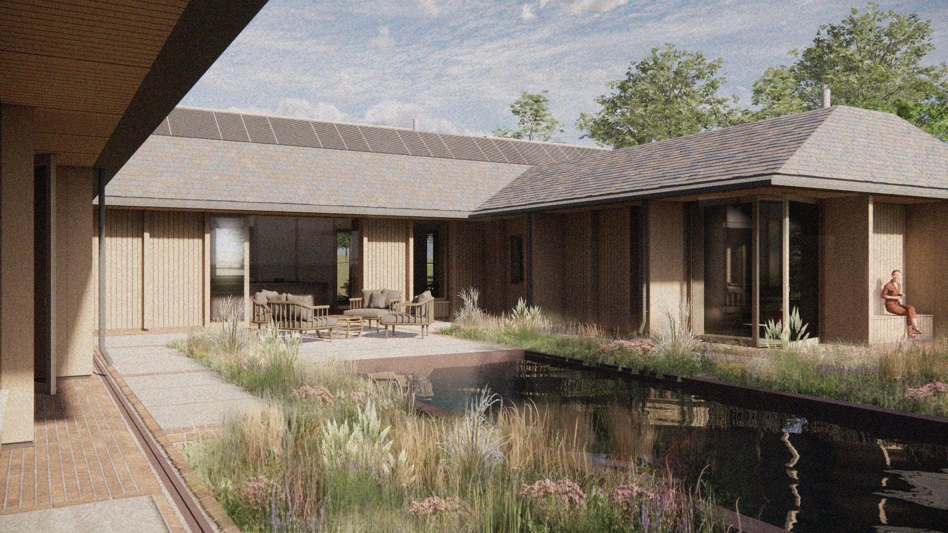 Courtyard at Breach House with natural swimming pool on a sunny day