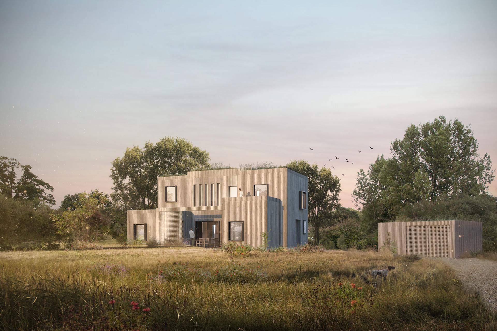 External Photorealistic rendered visual of timber clad Paragraph 80 home