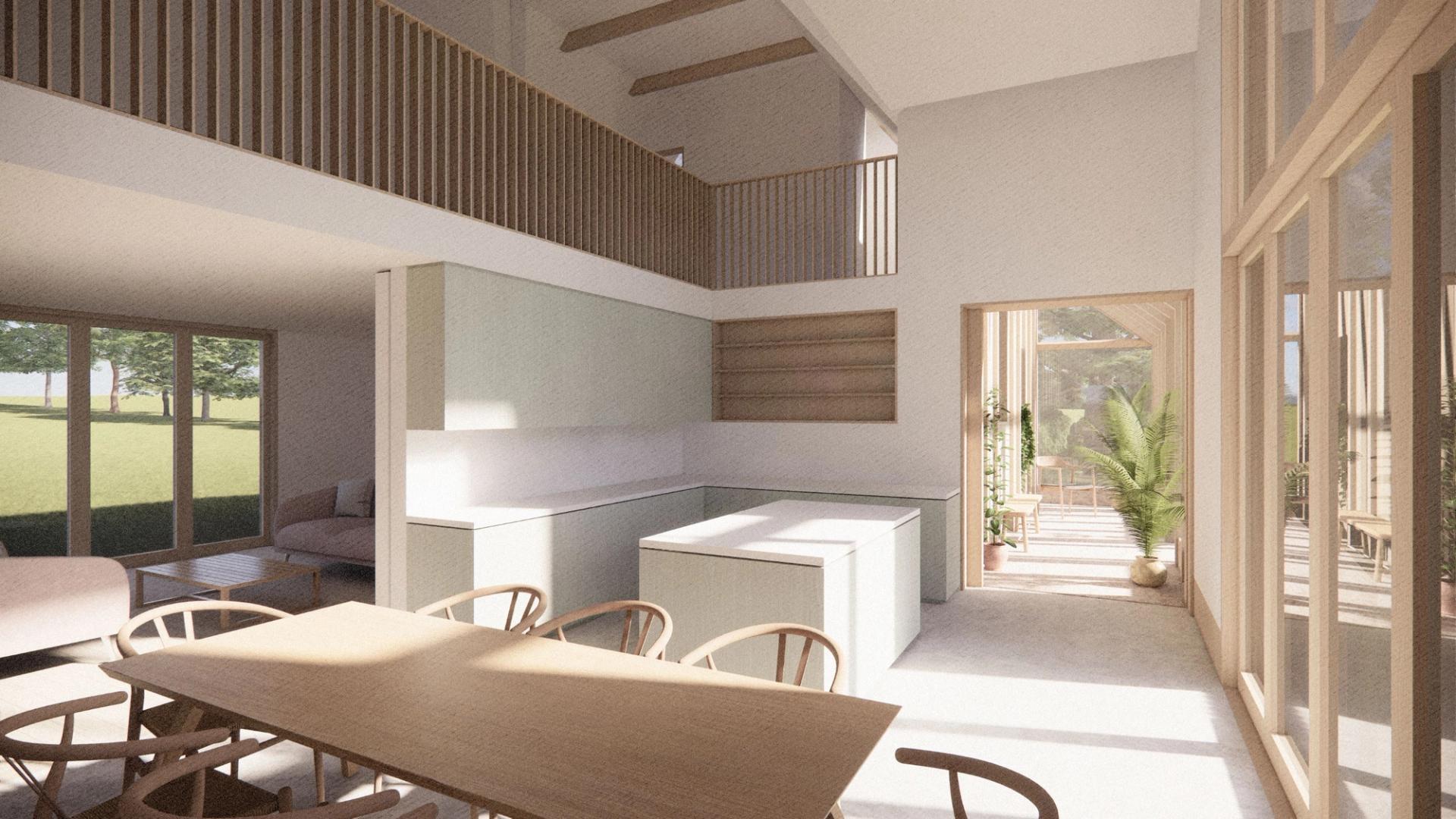 Interior view of Sun Barn solar house by Studio Bark