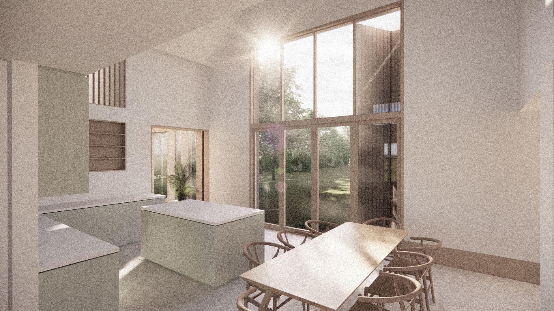 Interior view of Sun Barn solar house by Studio Bark