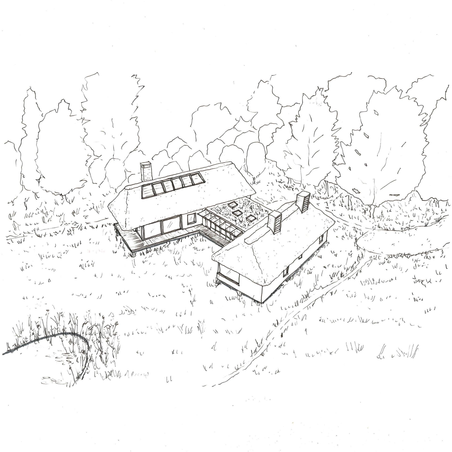 Hand drawing sketch of thatched house by Studio Bark