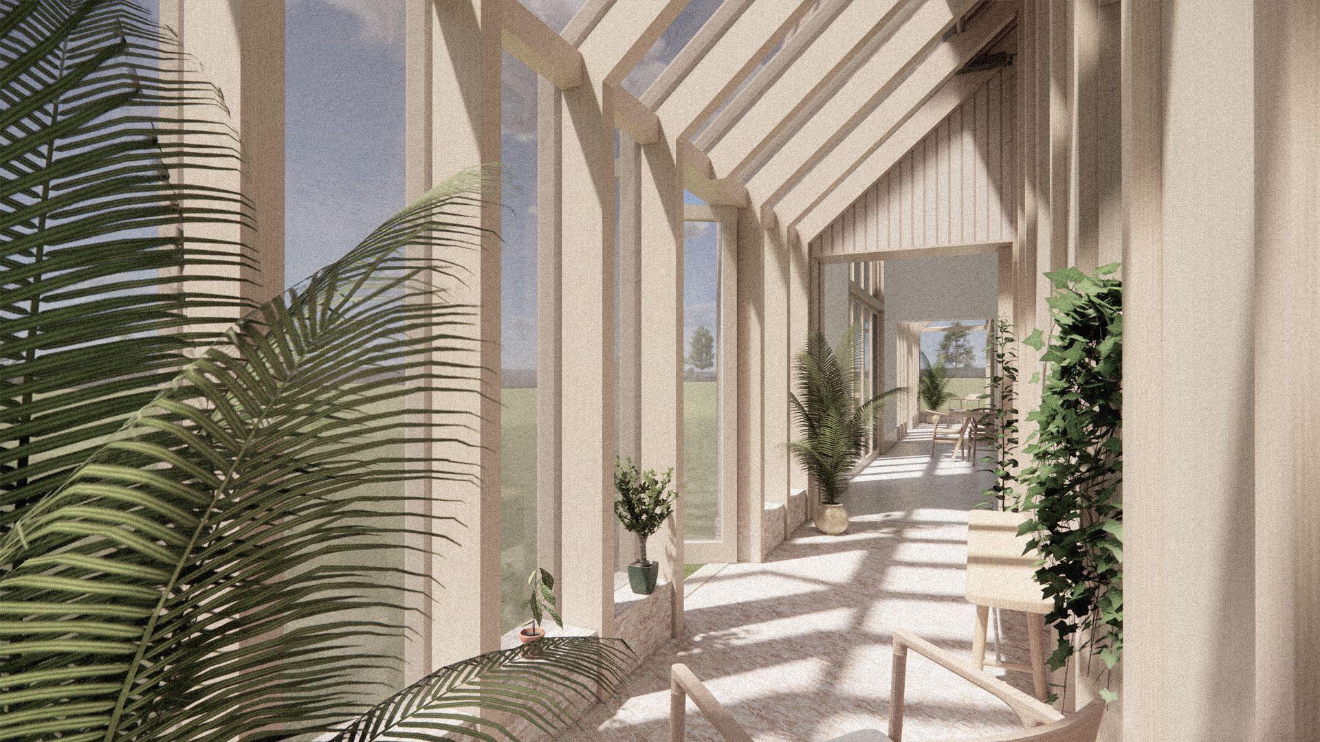 Visual of sun rooms with plants at barn conversion by Studio Bark