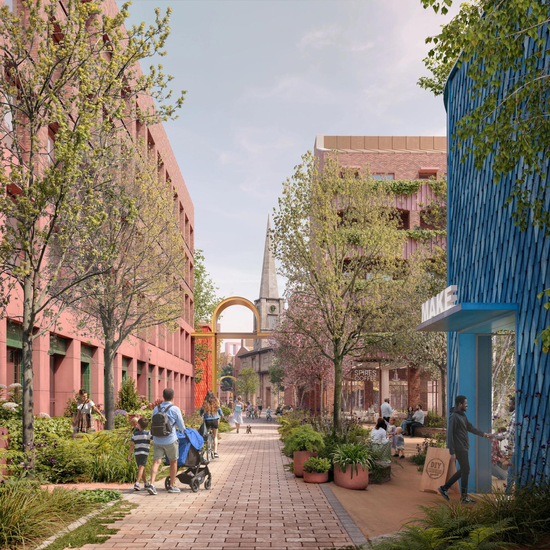 Street View with trees and red brick buildings