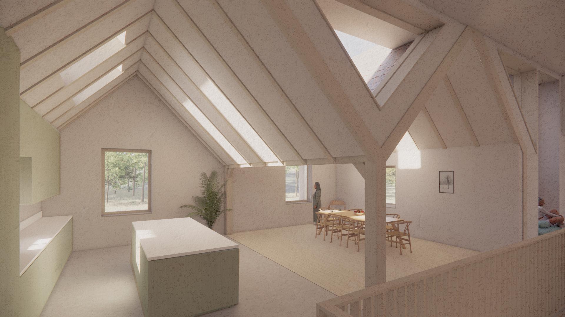 Interior view of upstairs living space with natural materials