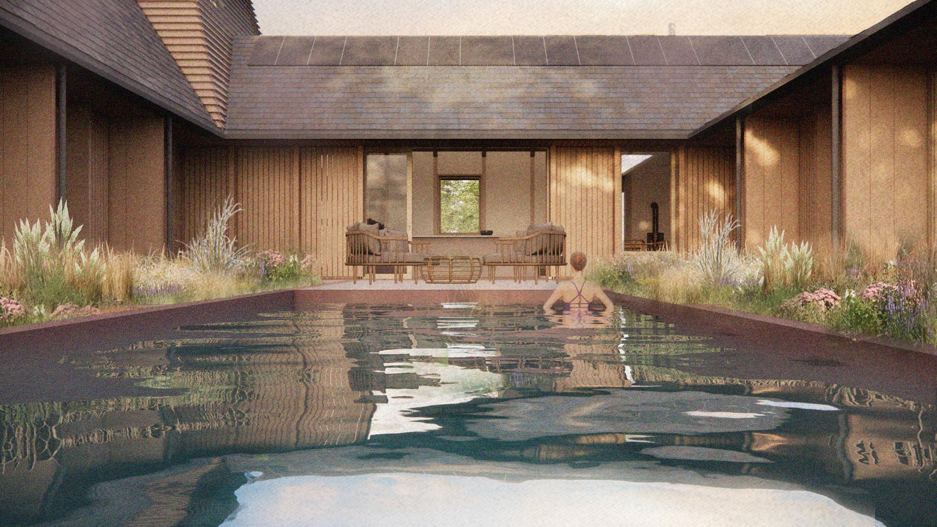 Natural pool and exterior view of Breach House