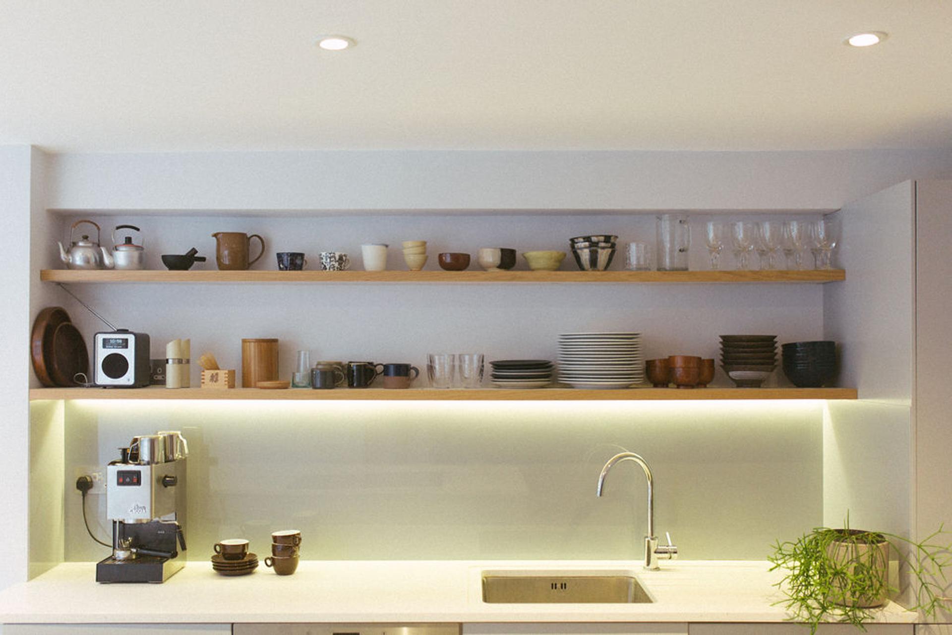 Open shelving in the new open plan kitchen
