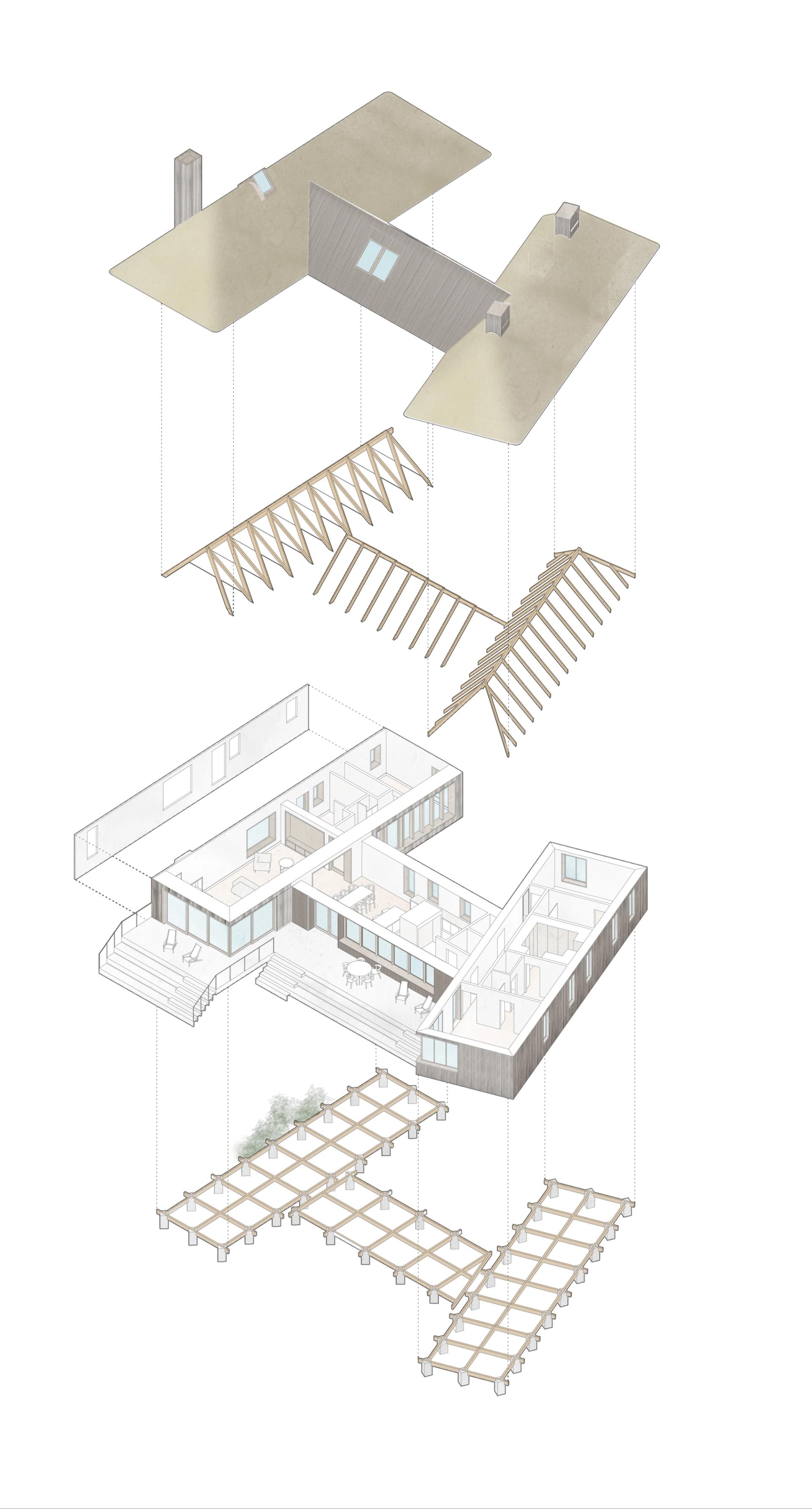 Axo drawing of Bridge House