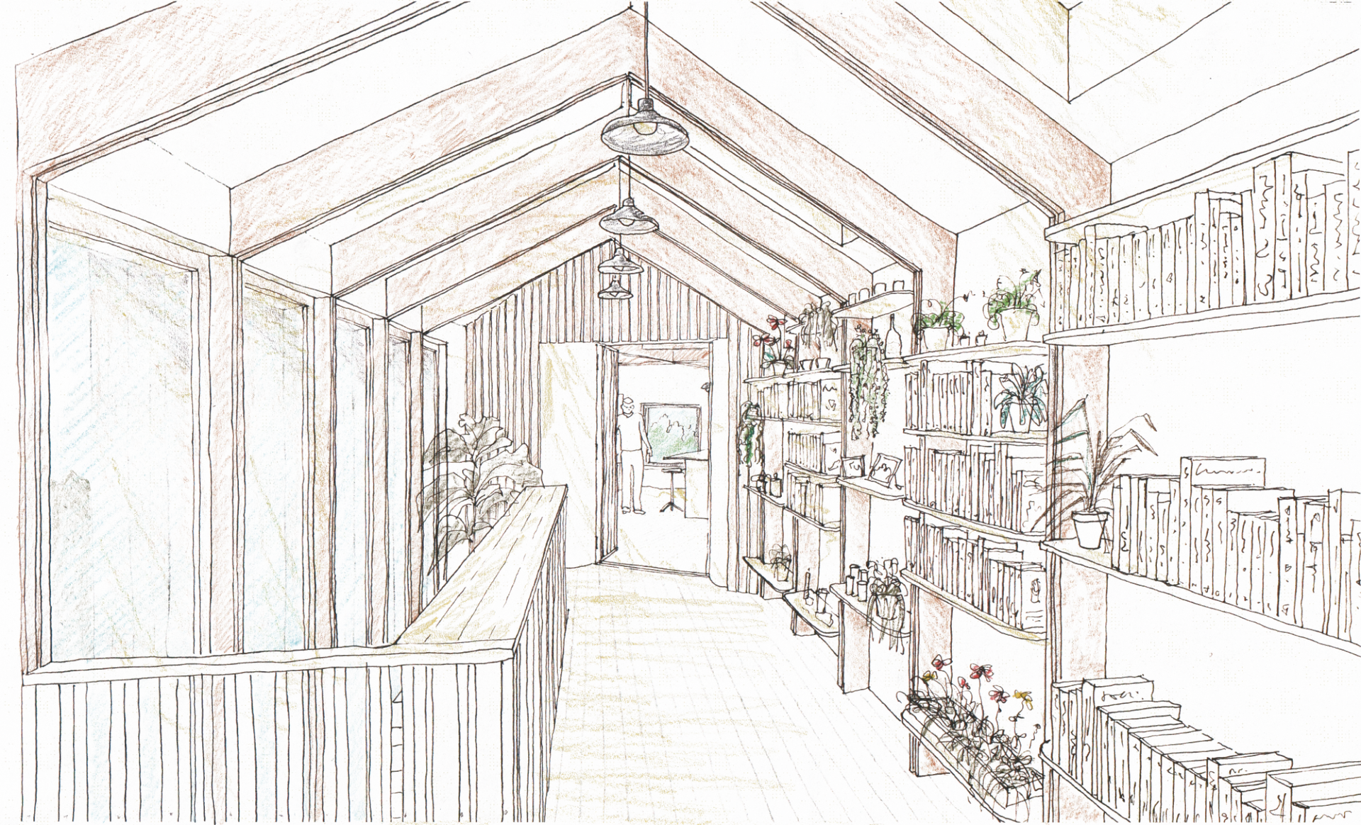 Linkage sketch showcasing the bookshelves and planting.