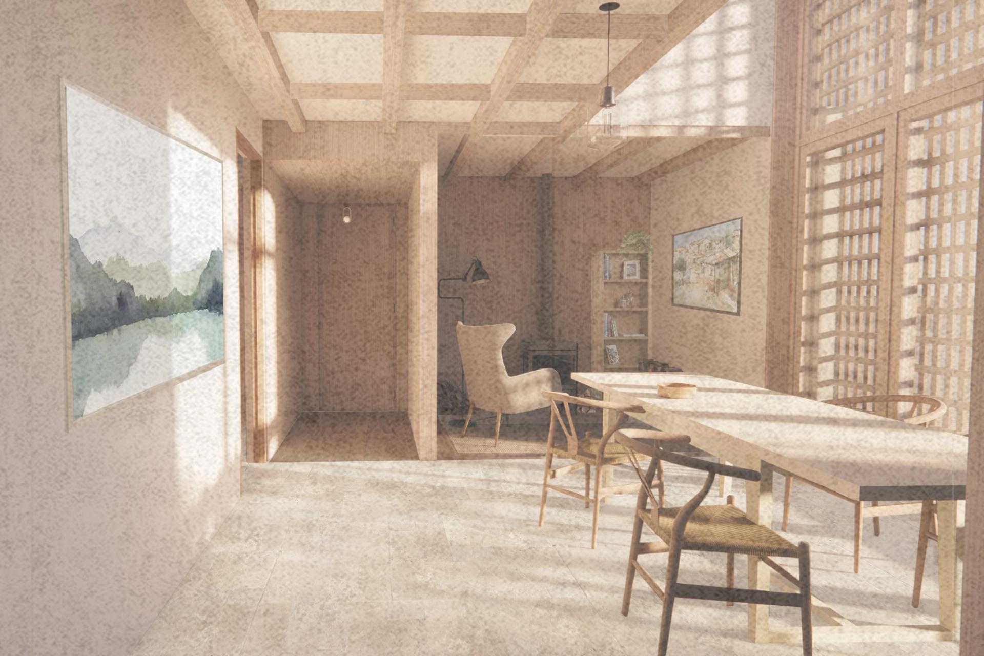 Architectural visualisation of interior dining room with external shutters in the Shropshire Farm