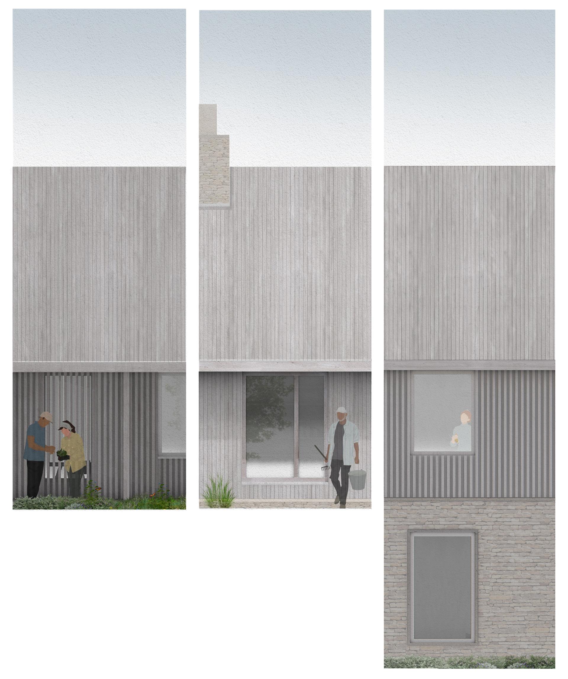 Elevations of Timbern by Studio Bark showing upper timber and lower stone