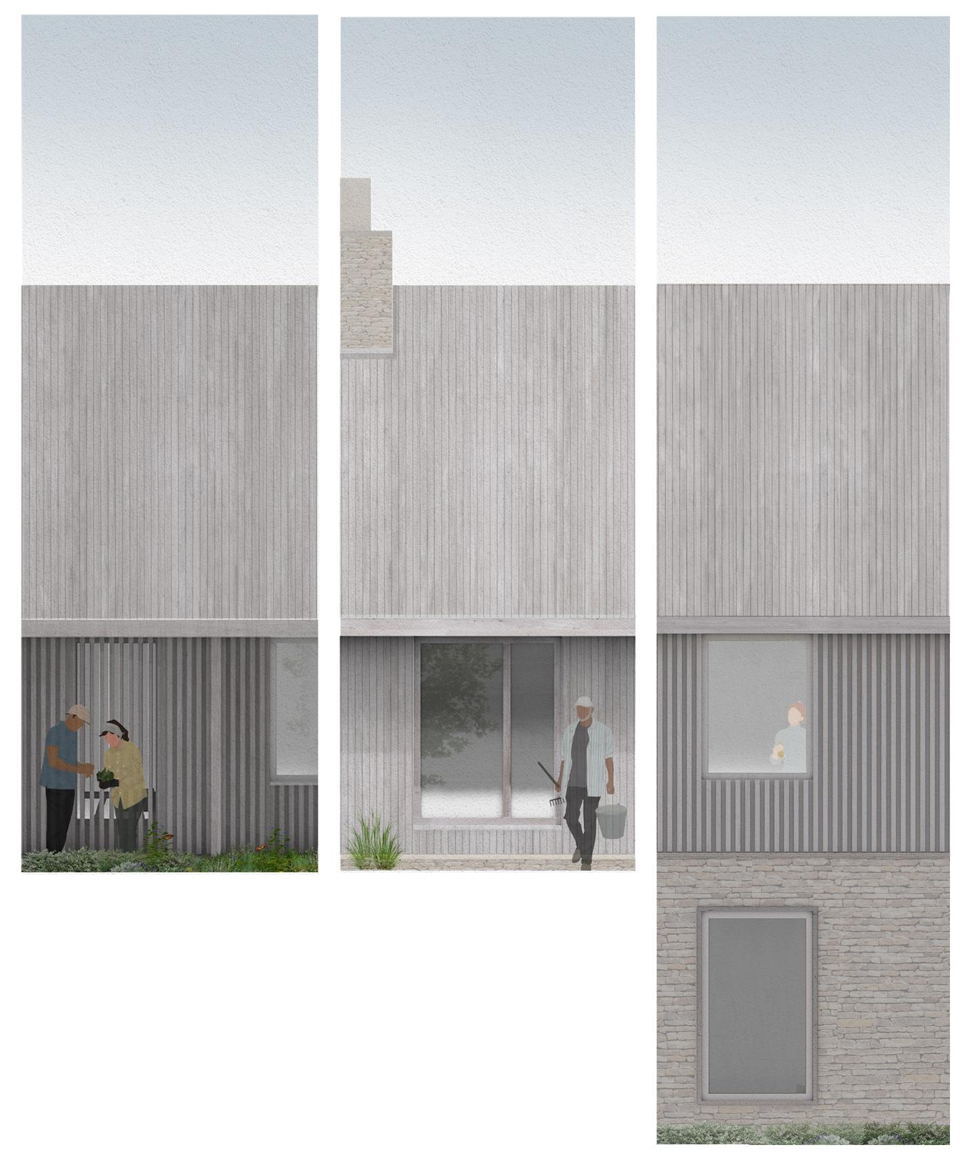 Elevations of Timbern by Studio Bark showing upper timber and lower stone