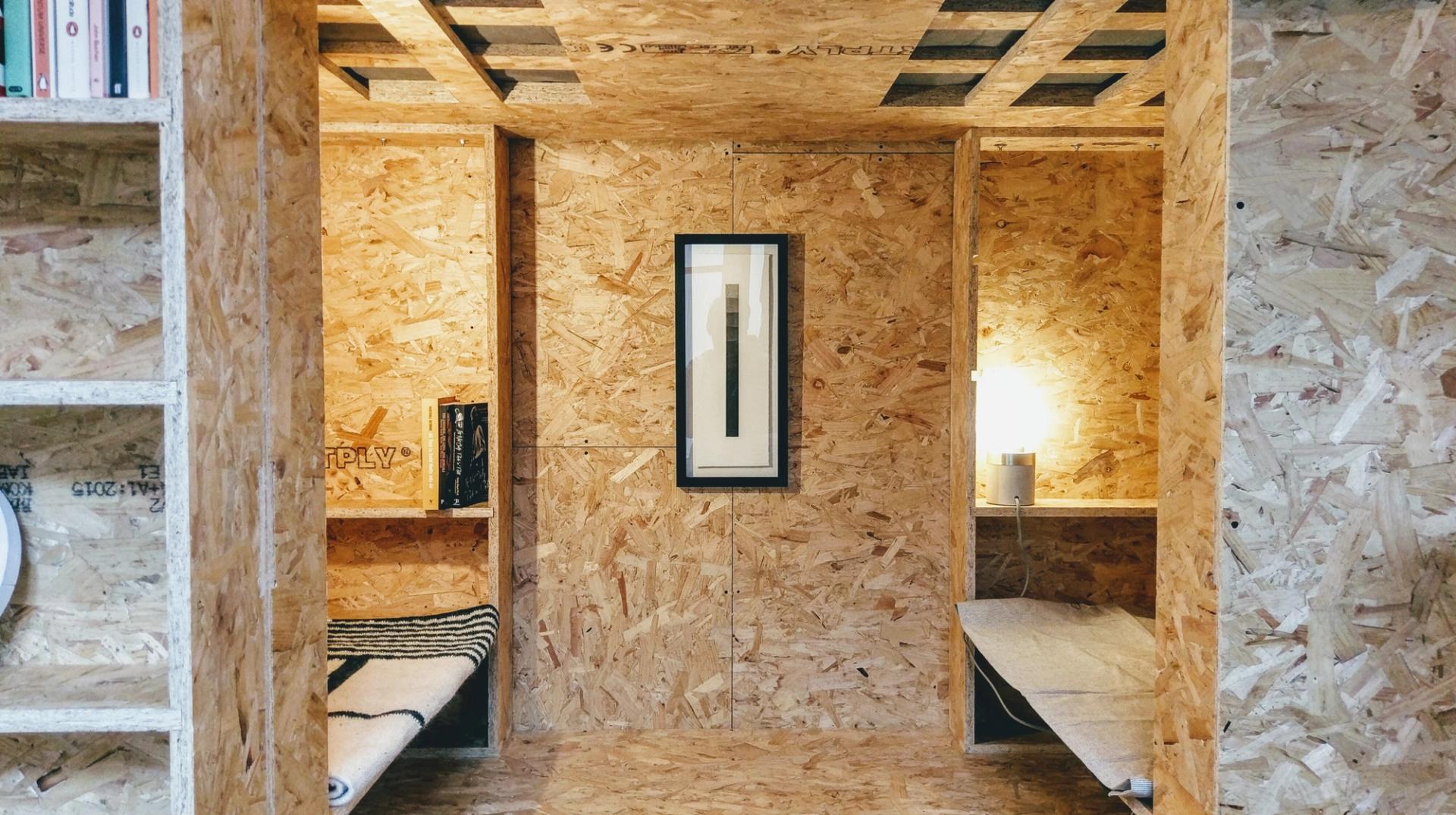 Tiny house seating area with storage