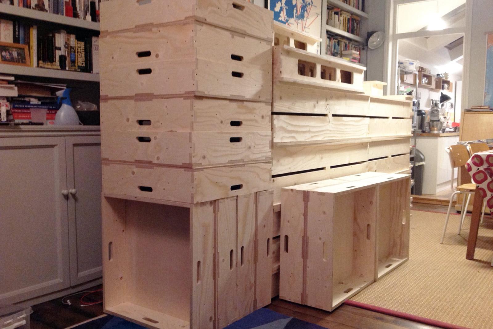 Stack of U-Build boxes fit together inside client's house