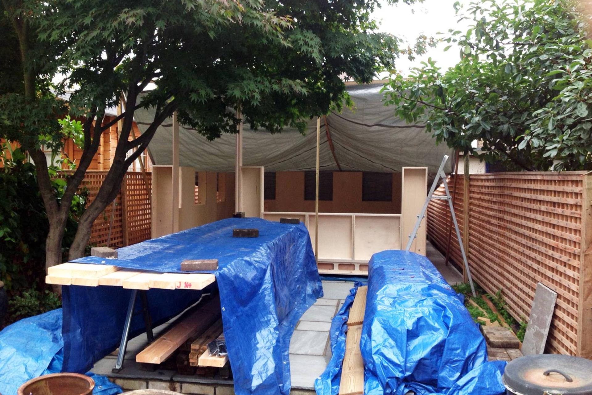 Building the framework of the Pod with boxes assembled and covered