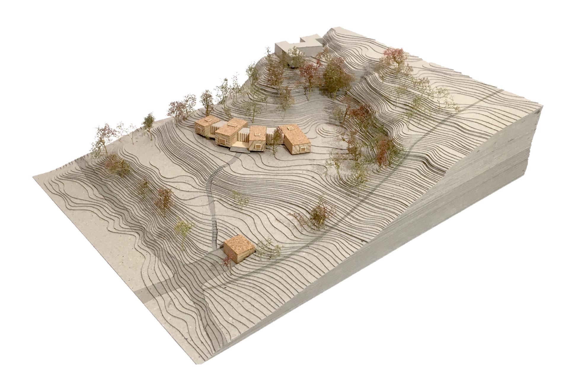 Architectural model of Quarry House using card and cork