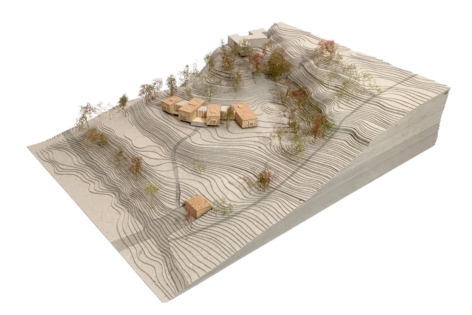 Architectural model of Quarry House using card and cork