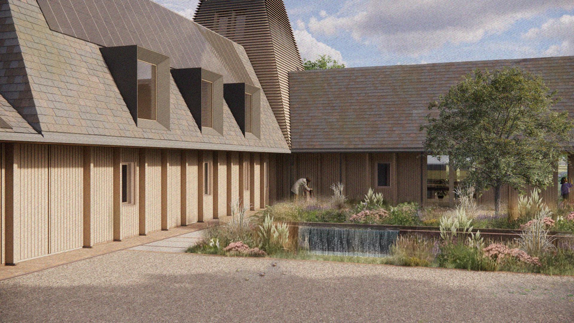 Approach to Breach House with landscaping